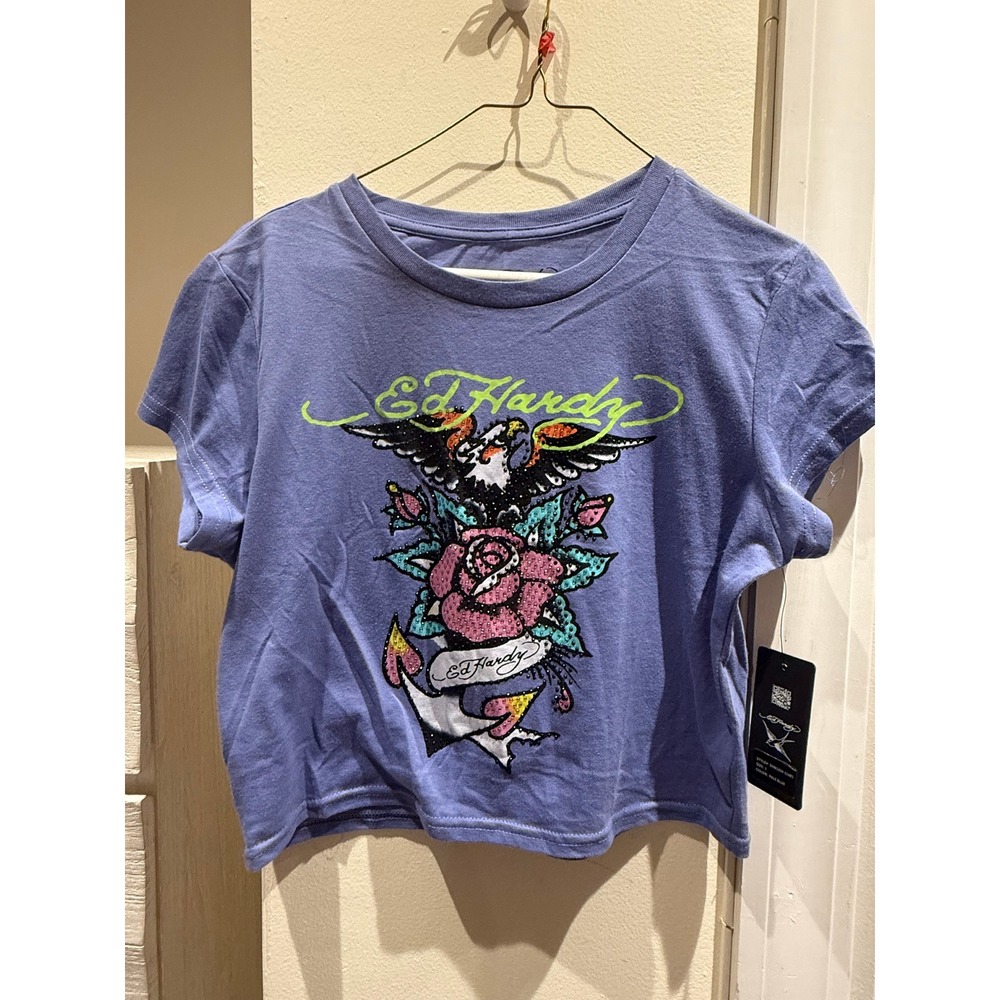 Ed Hardy Womens Eagle Rose Anchor Graphic Crop Top T-Shirt Blue Purple Large NWT
